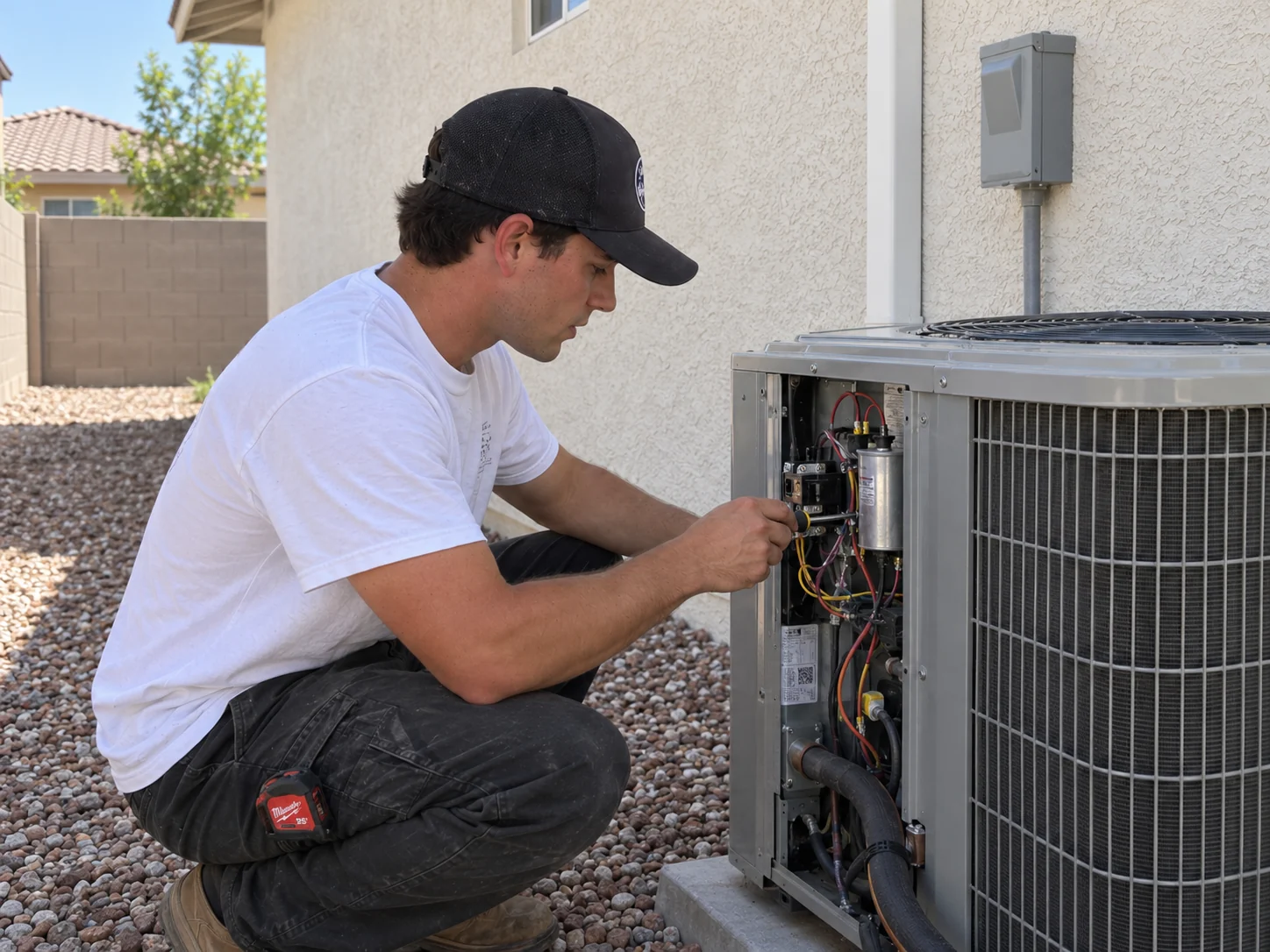 Core Comfort technician servicing an outdoor central air conditioning unit