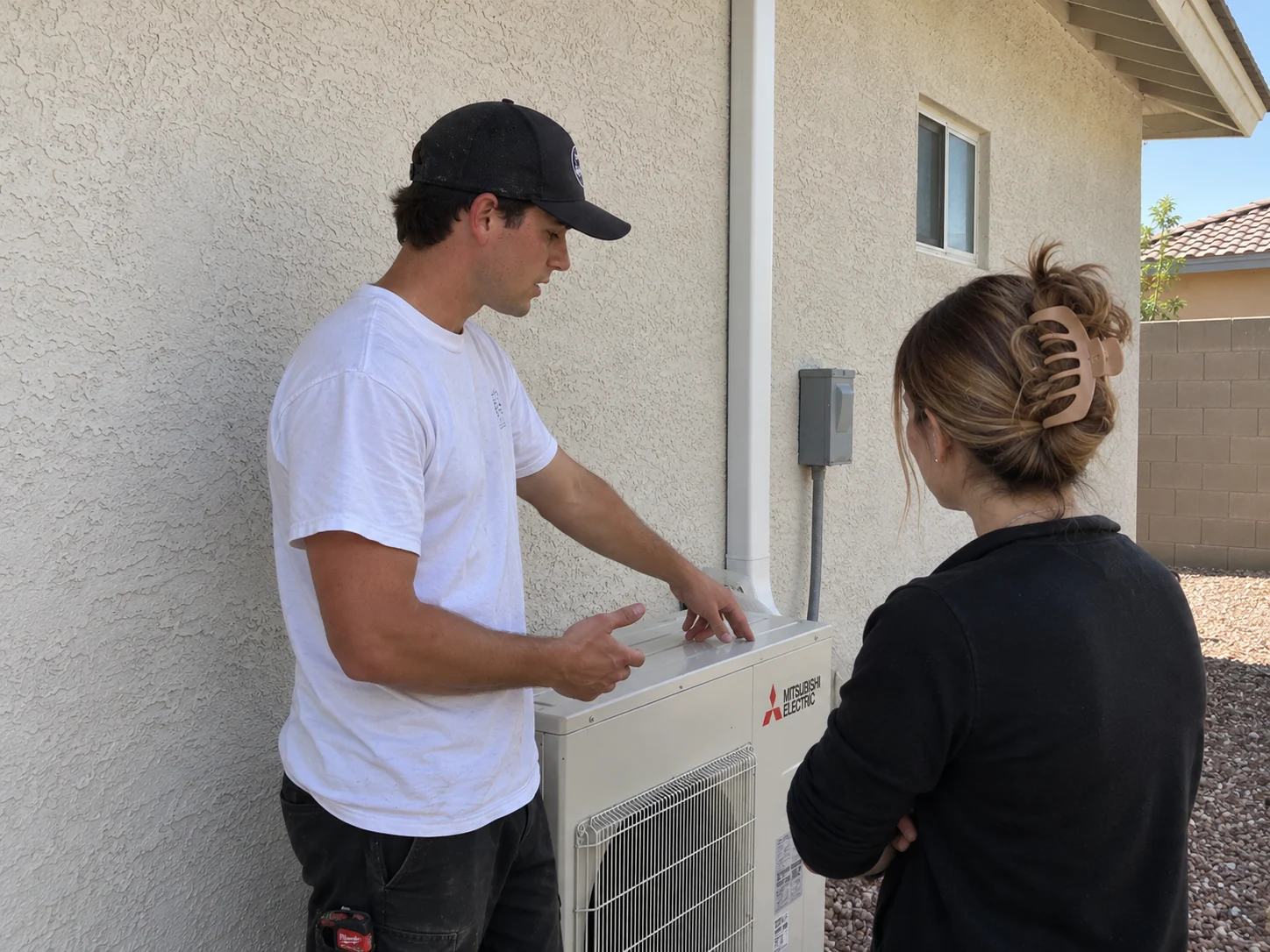 Core Comfort technician explaining a Mitsubishi mini-split to a homeowner