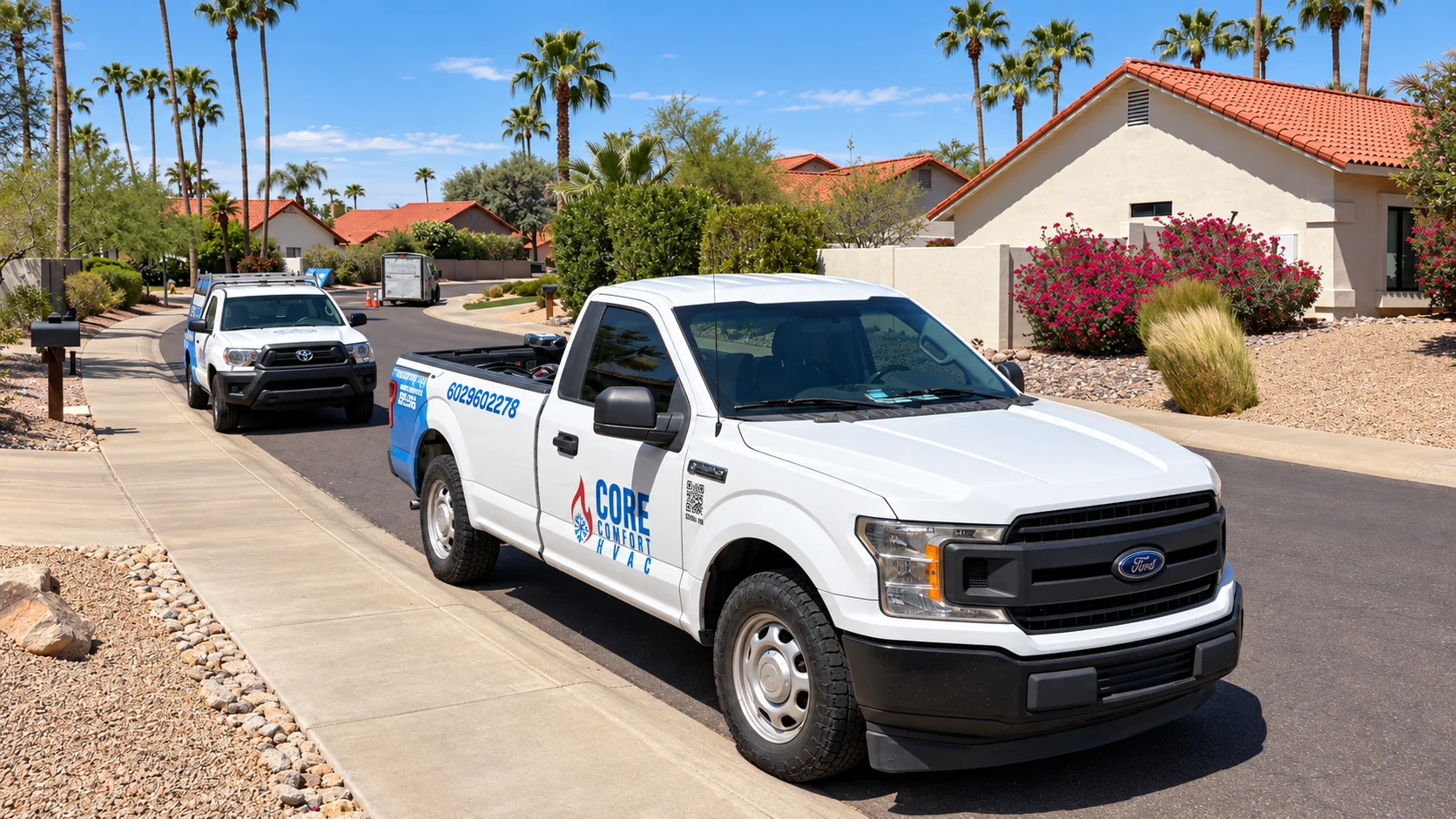 Core Comfort service trucks in an Arizona neighborhood